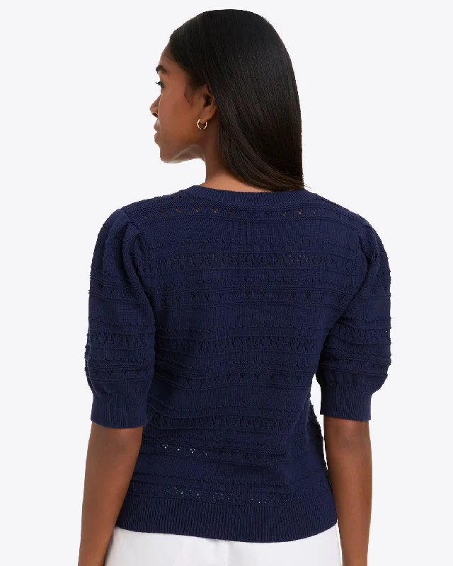 Annabelle Short-Sleeve Sweater in Navy Pointelle