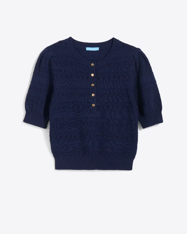 Annabelle Short-Sleeve Sweater in Navy Pointelle