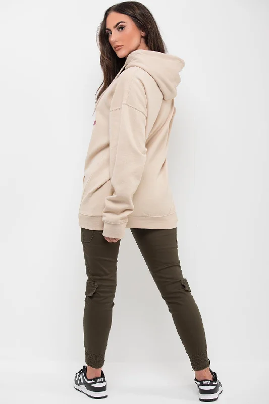 Beige Oversized Hoodie With Teddy Bear Graphic Print