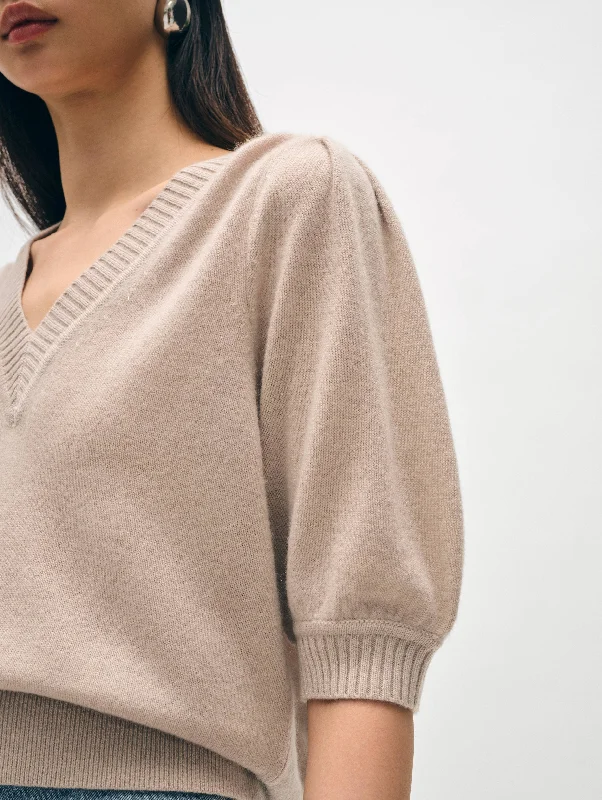 Cashmere Puff Sleeve V Neck