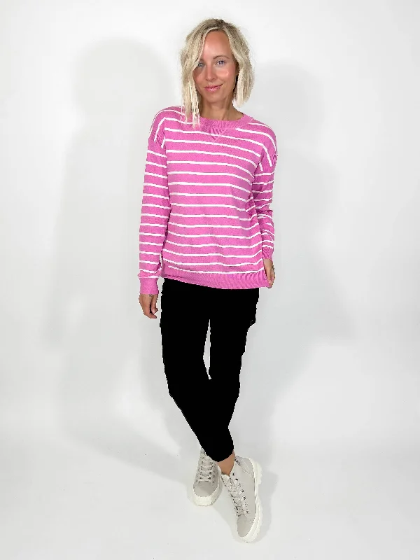 Forever Striped Crewneck Sweater- PINK/WHITE