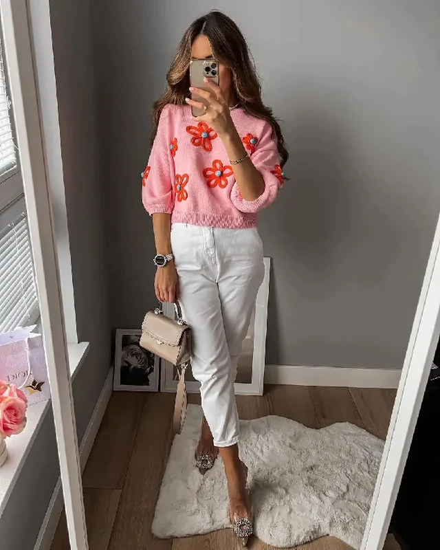 Znbbw Flower Embroidery Cropped Knitted Sweater For Women Chic Short Sleeve O Neck Pullover Jumper 2023 Summer Sweet Tops