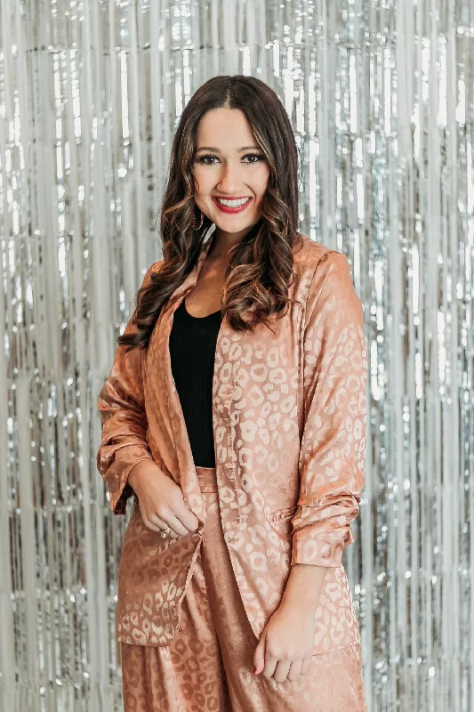 Last Chance Size Small | Money Moves Ruched Sleeve Leopard Blazer in Copper