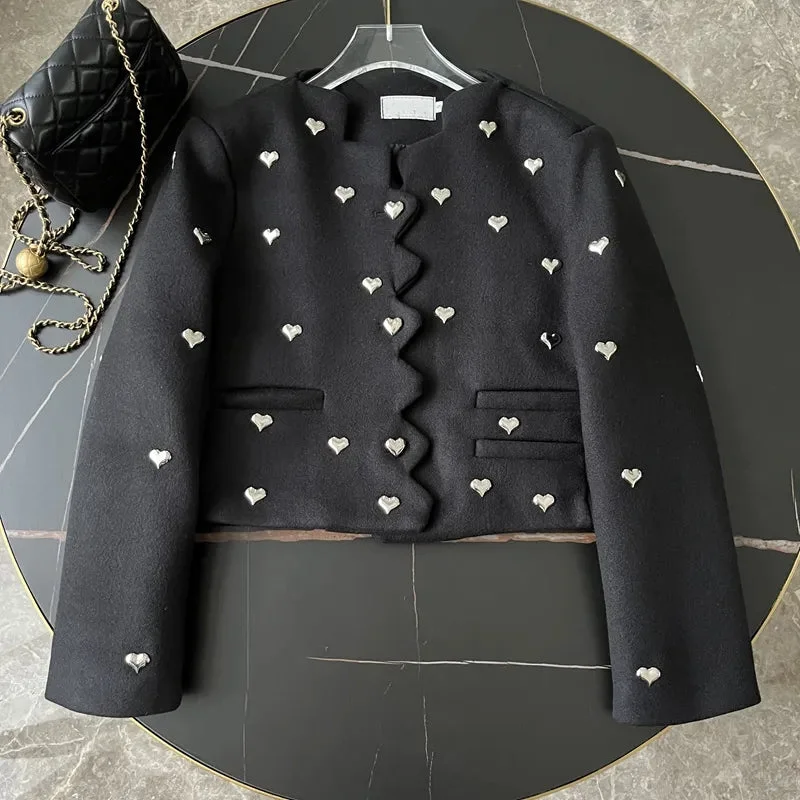 Fashion High Street Small Fragrant Love Beading Wool Jacket Coat Fall Winter French Vintage Elegant Short Jackets Women Outwear