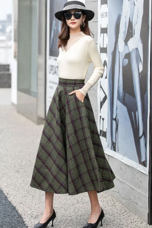 Long Plaid A-Line Wool Skirt 4165