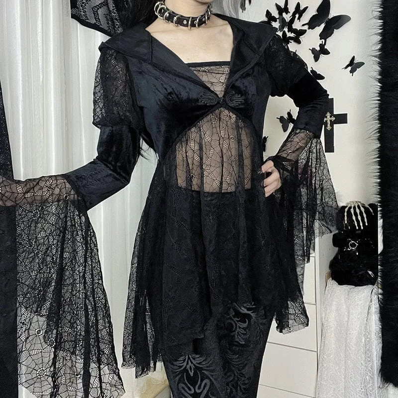 Women's Gothic Flare Sleeved Lace Coat with Hood