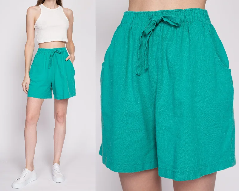 80s Teal Green Cotton Elastic Waist Shorts - Small to Medium