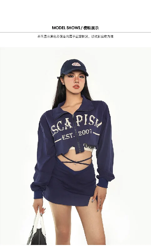 ESCAPISM Solid Color Cropped Sweatshirt Waist Strap V Waist Mini Skirt Matching Set