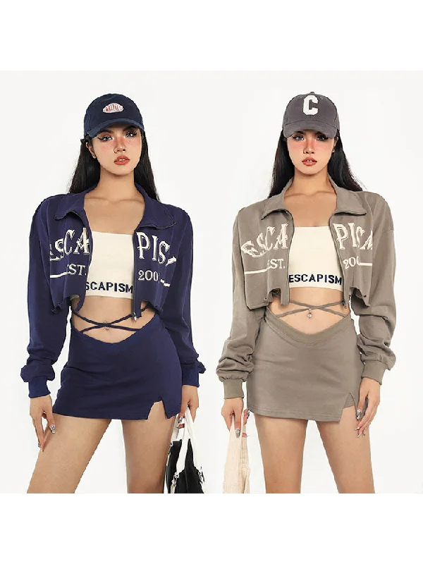 ESCAPISM Solid Color Cropped Sweatshirt Waist Strap V Waist Mini Skirt Matching Set