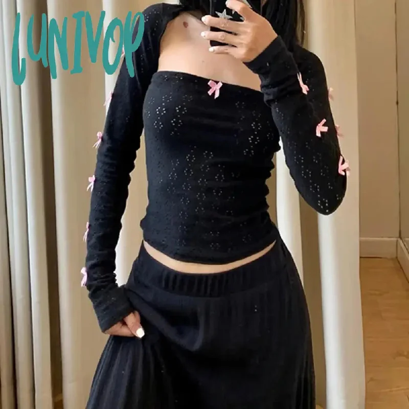 Lunivop Sweet Y2K Cute Hollow Out Bow T Shirt Set Women Casual Slim 2 Piece Sets Slash Neck Sleeveless Tube Top Long Sleeve Tees