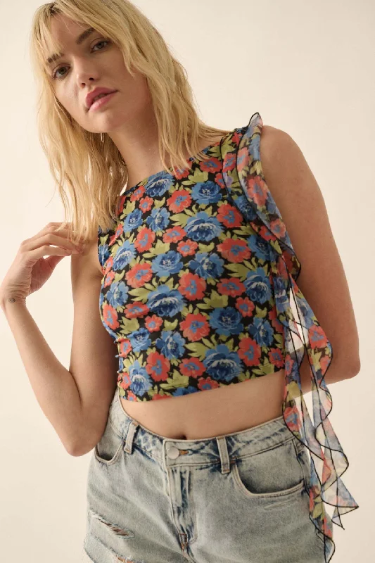 Bloom All Night Floral Mesh Ruffle Tie-Strap Top