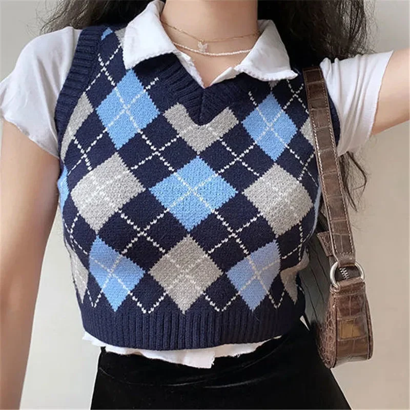 Lunivop Vintage Argyle Knitted Sweater Vest Women Preppy Style V Neck Sleeveless Crop Sweaters Haut Femme