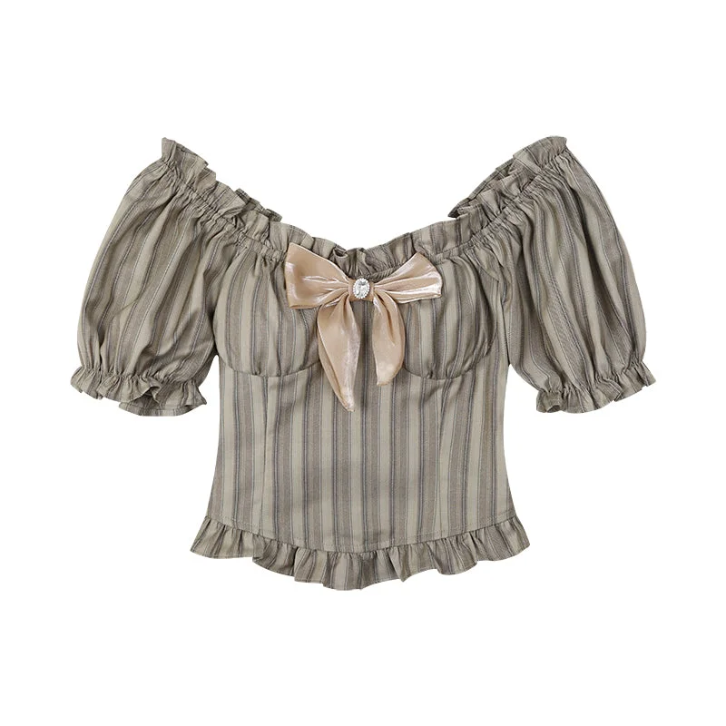 Regina Solid Color Stripped Off-the-Shoulder Puffed Short Sleeve Ruffle Summer Cropped Top