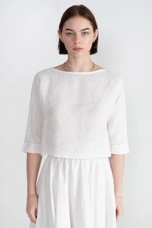 Long Sleeve Linen Top, White