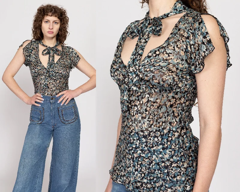 Medium 90s Sheer Blue Floral Burnout Blouse